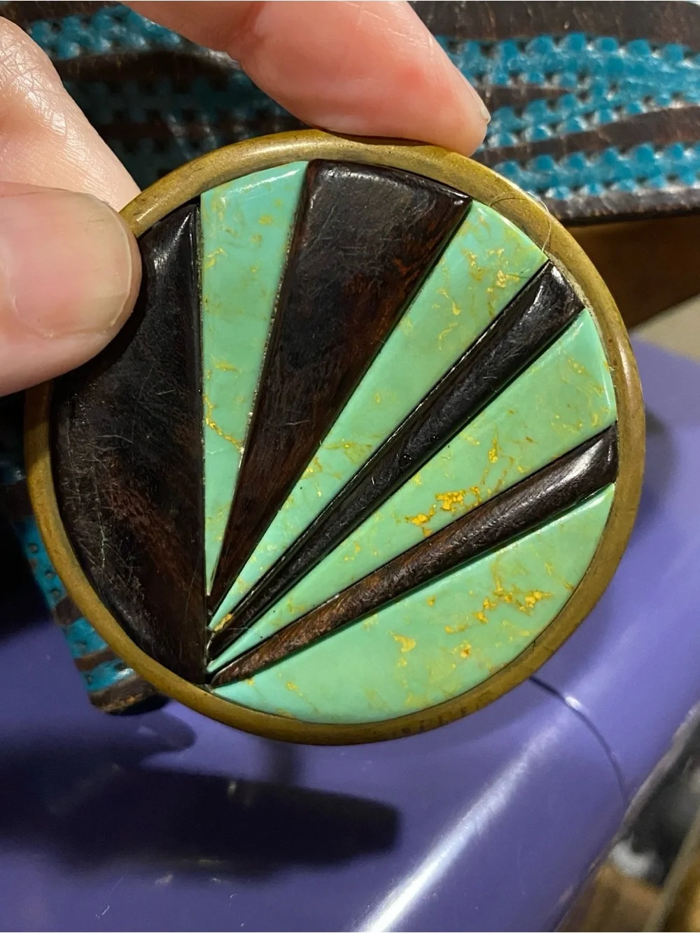 Turquoise Brown Inlay Round Belt Buckle with Leather Belt Boho western